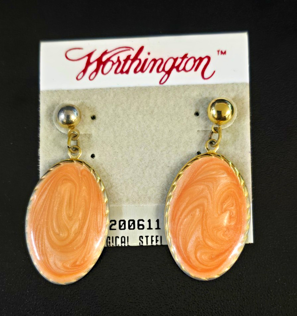 Vintage Gold Tone Peach Oval Dangle Drop Earrings Surgical Steel Post